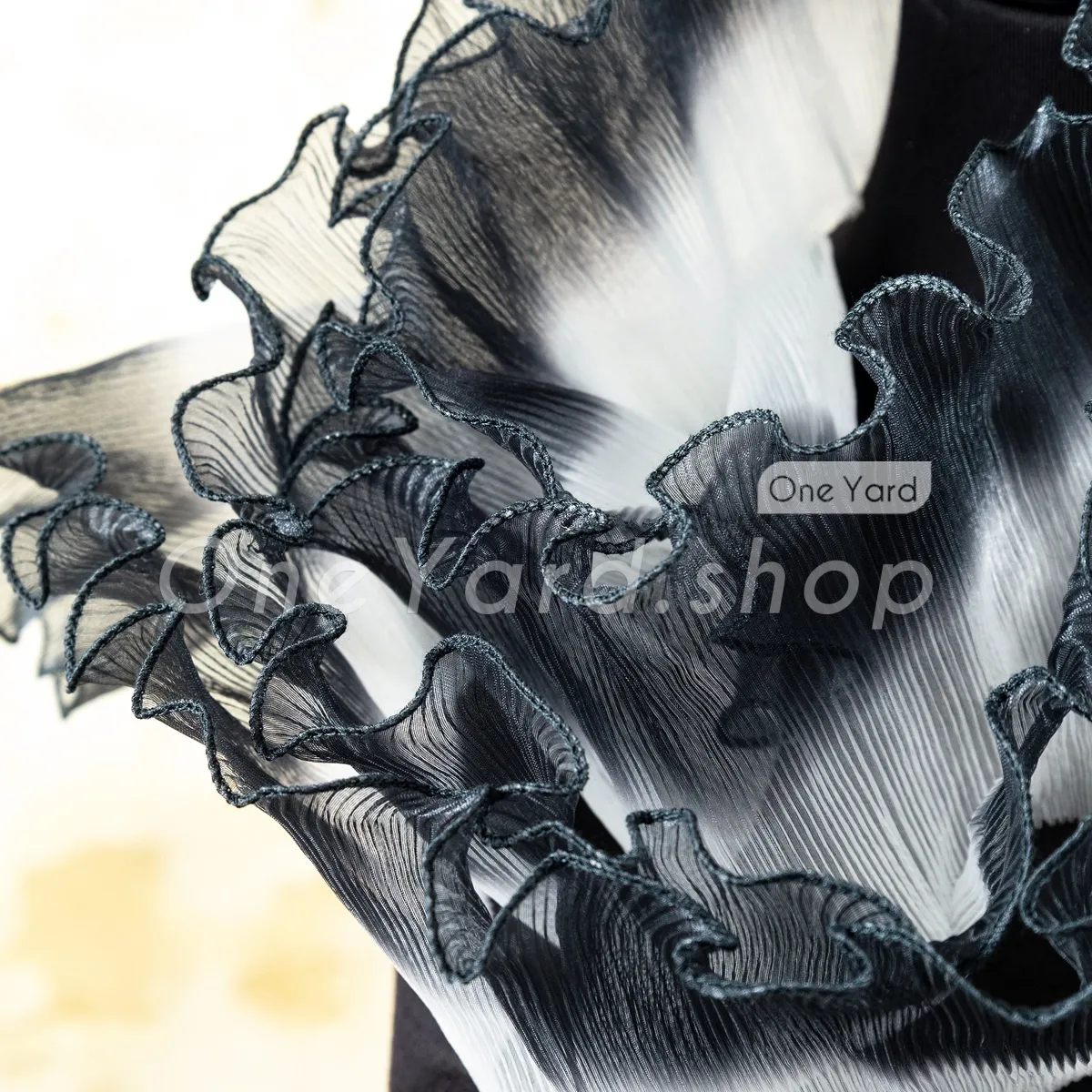 black and white ombre pleated organza ruffle trim black and white ombre pleated organza ruffle trim