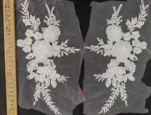 sparkling 3D floral bead embroidered lace applique pair