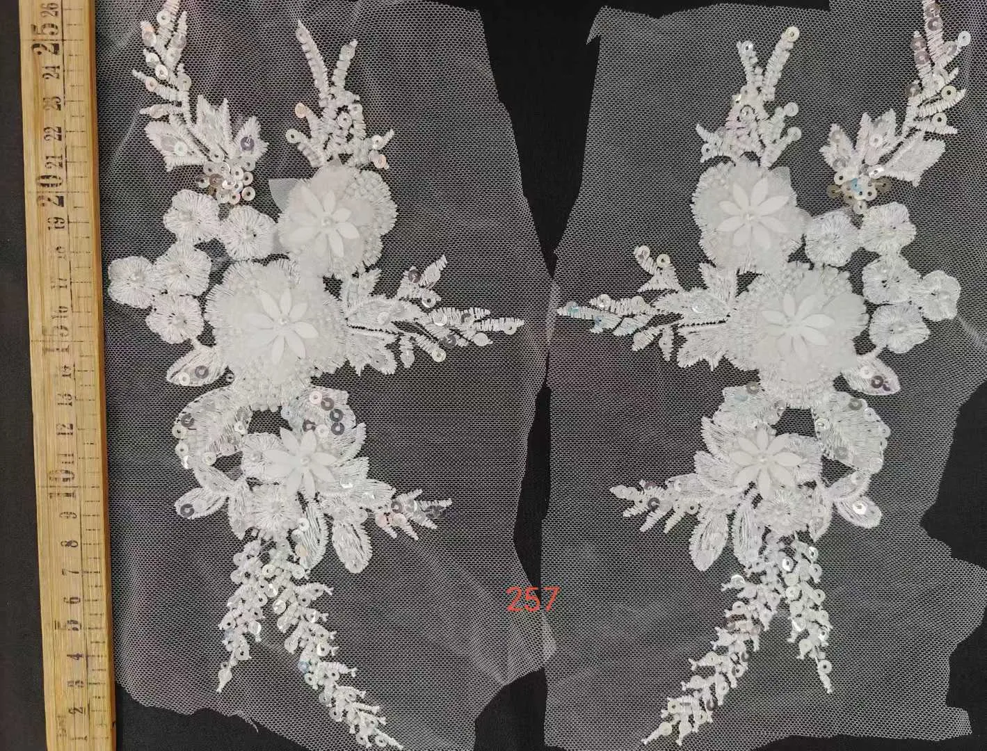 sparkling 3D floral bead embroidered lace applique pair
