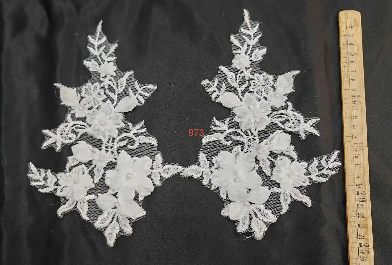 small 3d floral pearl embroidered lace applique pair