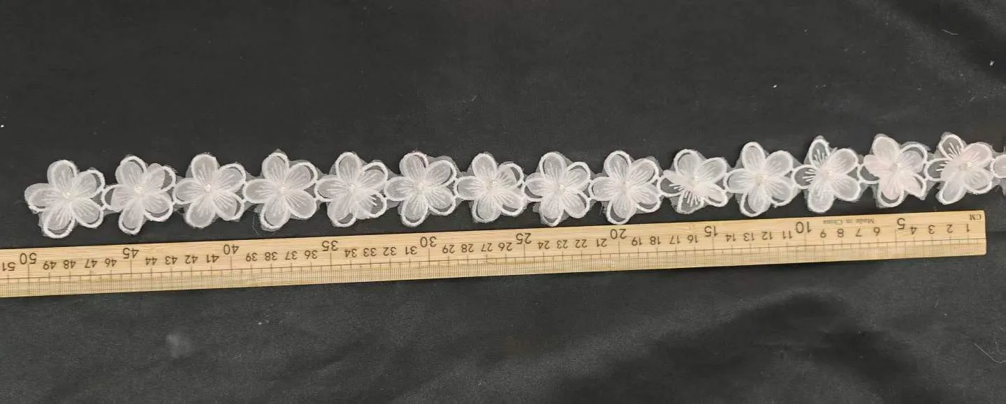 3d sheer white organza flower pearled lace trim