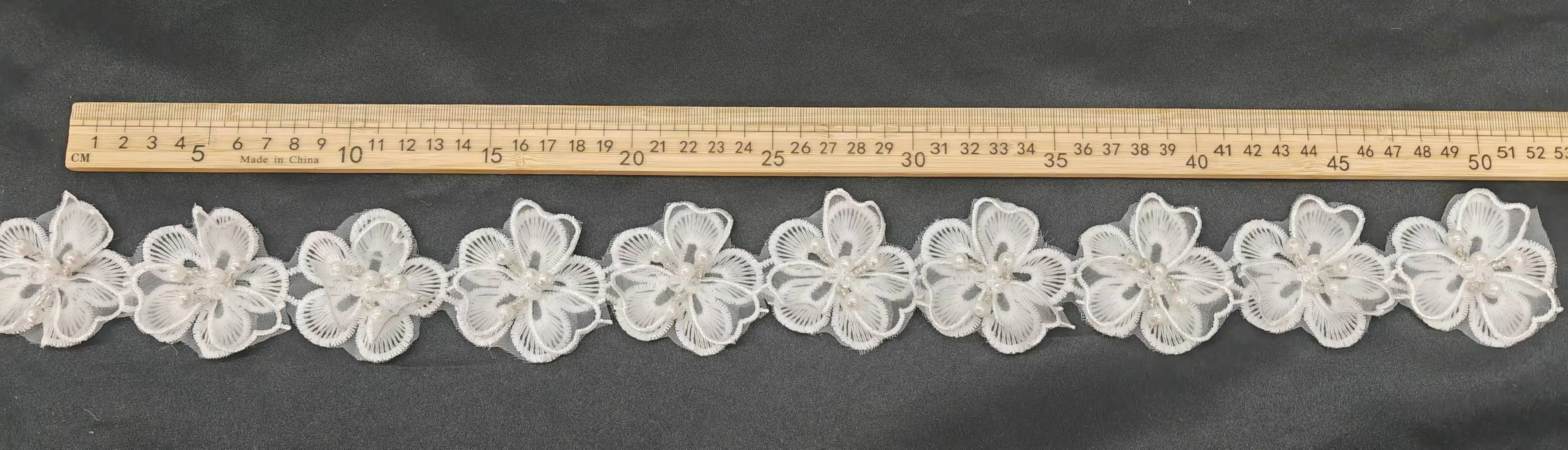 3d flower embroidered lace trim with pearl beads
