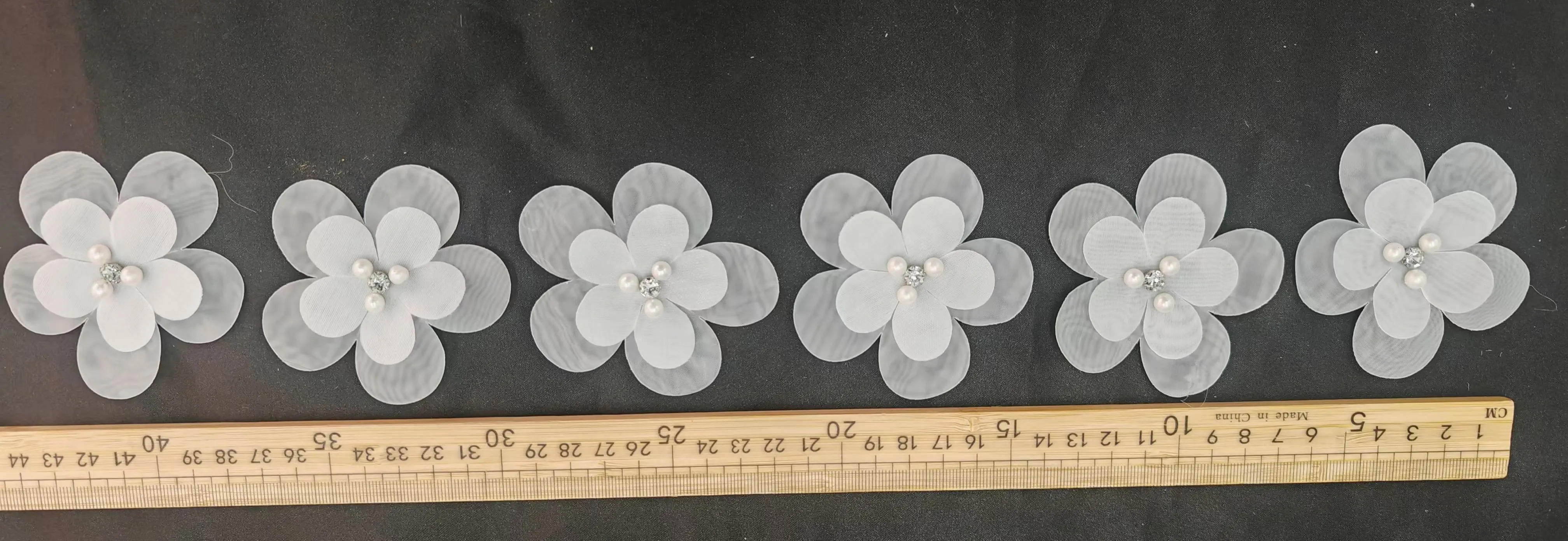 white 3d flower trim with pearl rhinestone centers