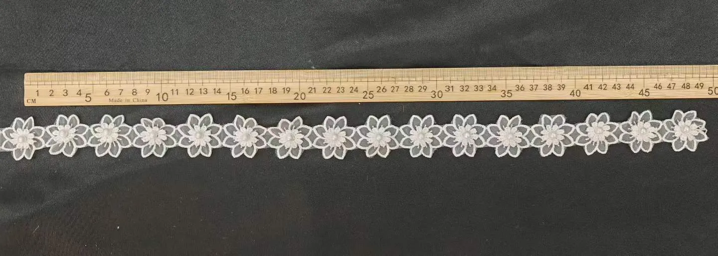 off white daisy floral lace trim with pearl beads
