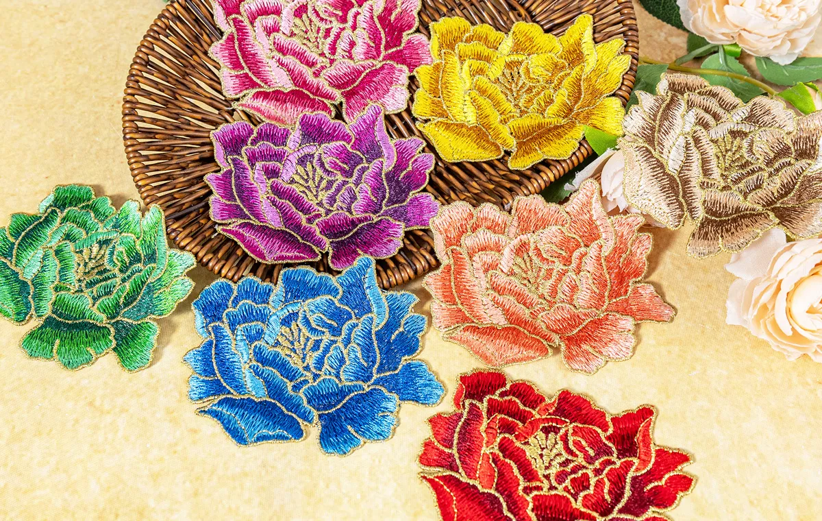 gold outline soft peony flower patches