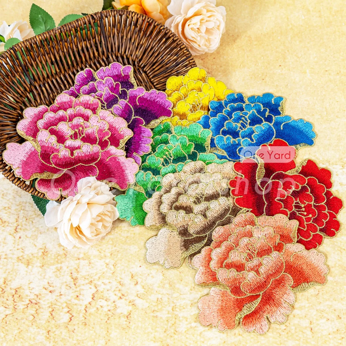 large flower appliques with shimmering gold thread outline large flower appliques with shimmering gold thread outline