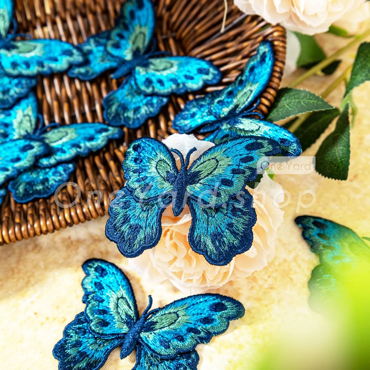 58x8cm soft peacock blue butterfly embroidered patches