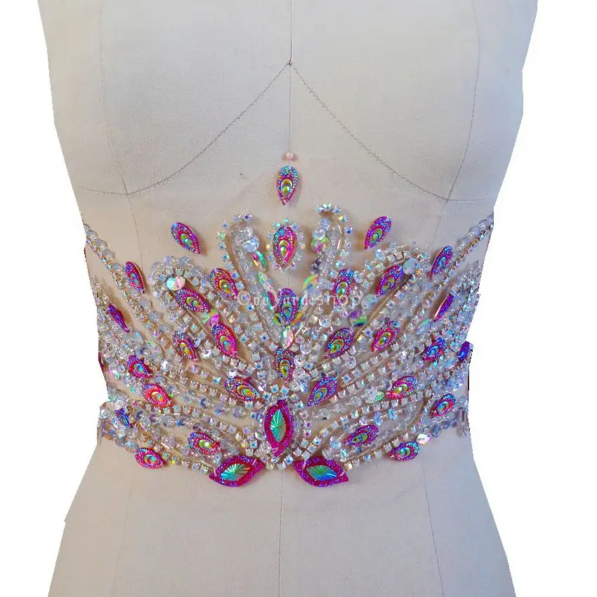 Sparkly Blue/pink Peacock Pattern Beaded Dress Applique OneYard