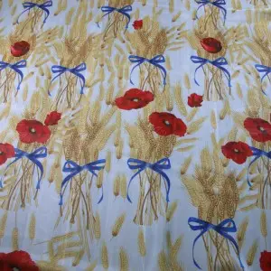 gold wheat and red flower printed chiffon fabric