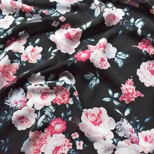 pink flower printed black flowy chiffon fabric