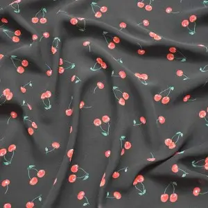 Red cherry print on black chiffon fabric by the yard