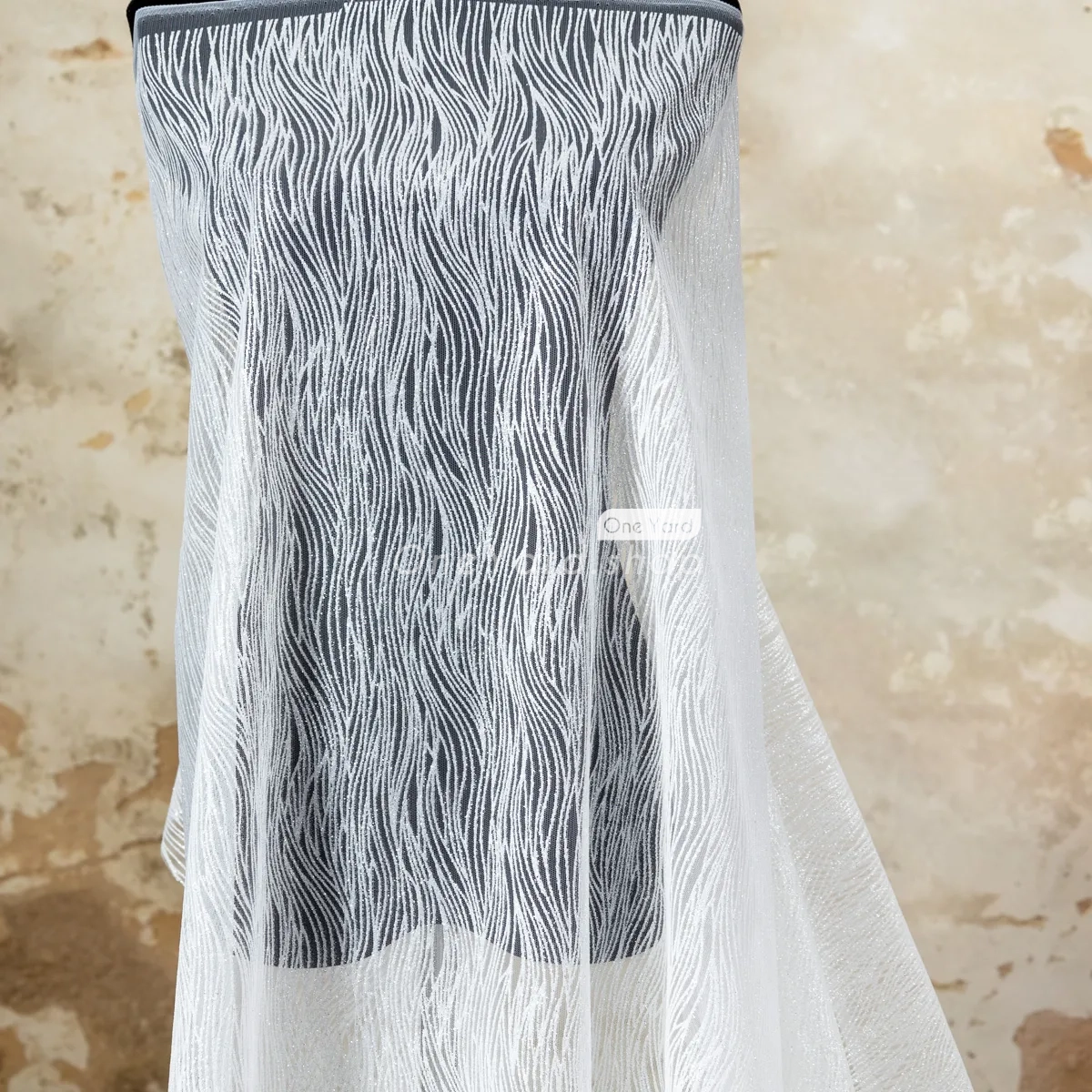 glitter wavy pattern white mesh fabric