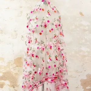 red pink flower with white mesh embroidery fabric