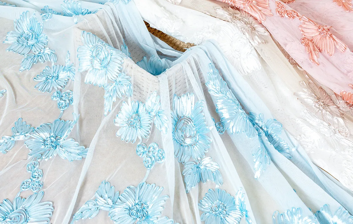 3D hibiscus floral embroidery fabrics