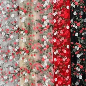 red and white flower blossom embroidery soft mesh fabric