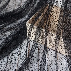 Twinkling Black Pearl & Bead Embroidered Beading Fabric