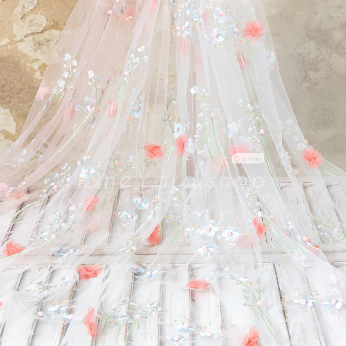 ethereal mesh 3d petal small flower embroidery fabric