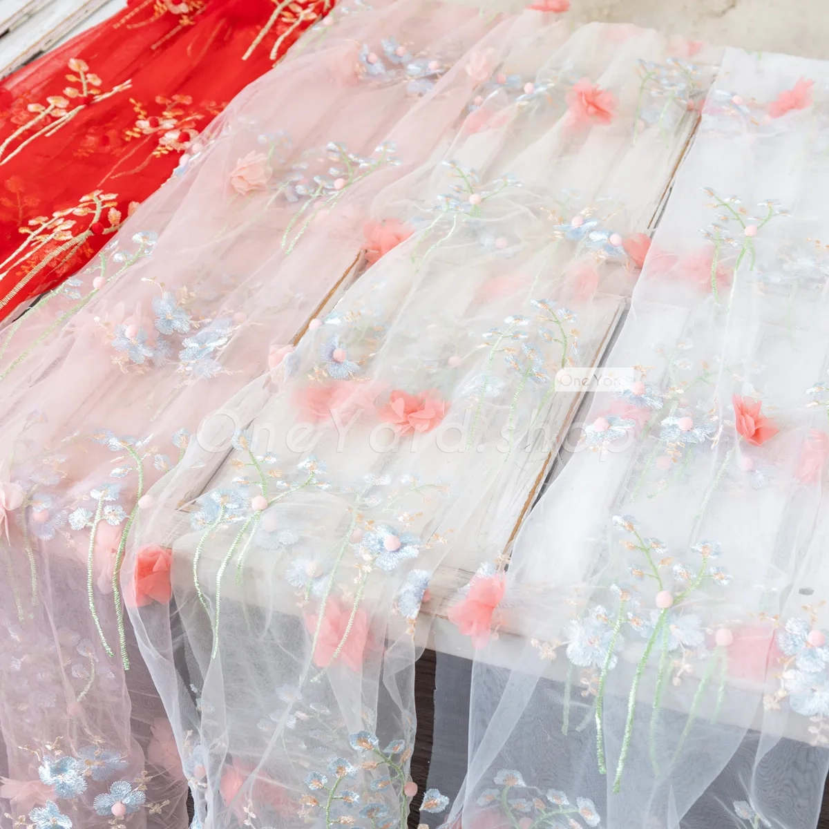 red pink white apricot mesh 3D flower embroidery mesh fabric