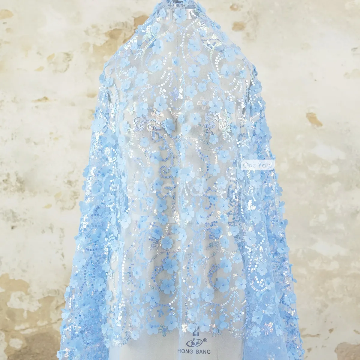 Blue Chiffon Lace Fabric Trim – 1 Yard With 12 Large Flower Appliques Motifs, Attika Fashion