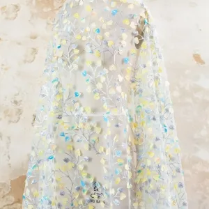 yellow blue heart leaf pattern embroidery fabric