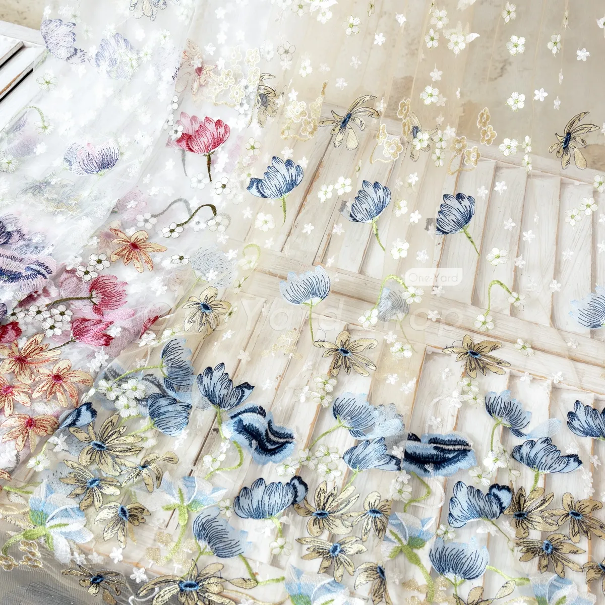vintage inspired pastel lotus floral embroidery fabric