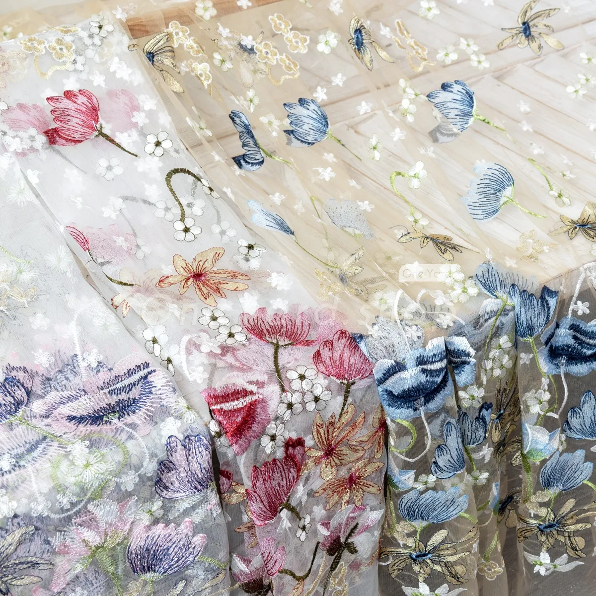 vintage lotus floral embroidery fabric