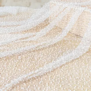 White Pearls and Silver Beads Heavy Beading Mesh Fabric