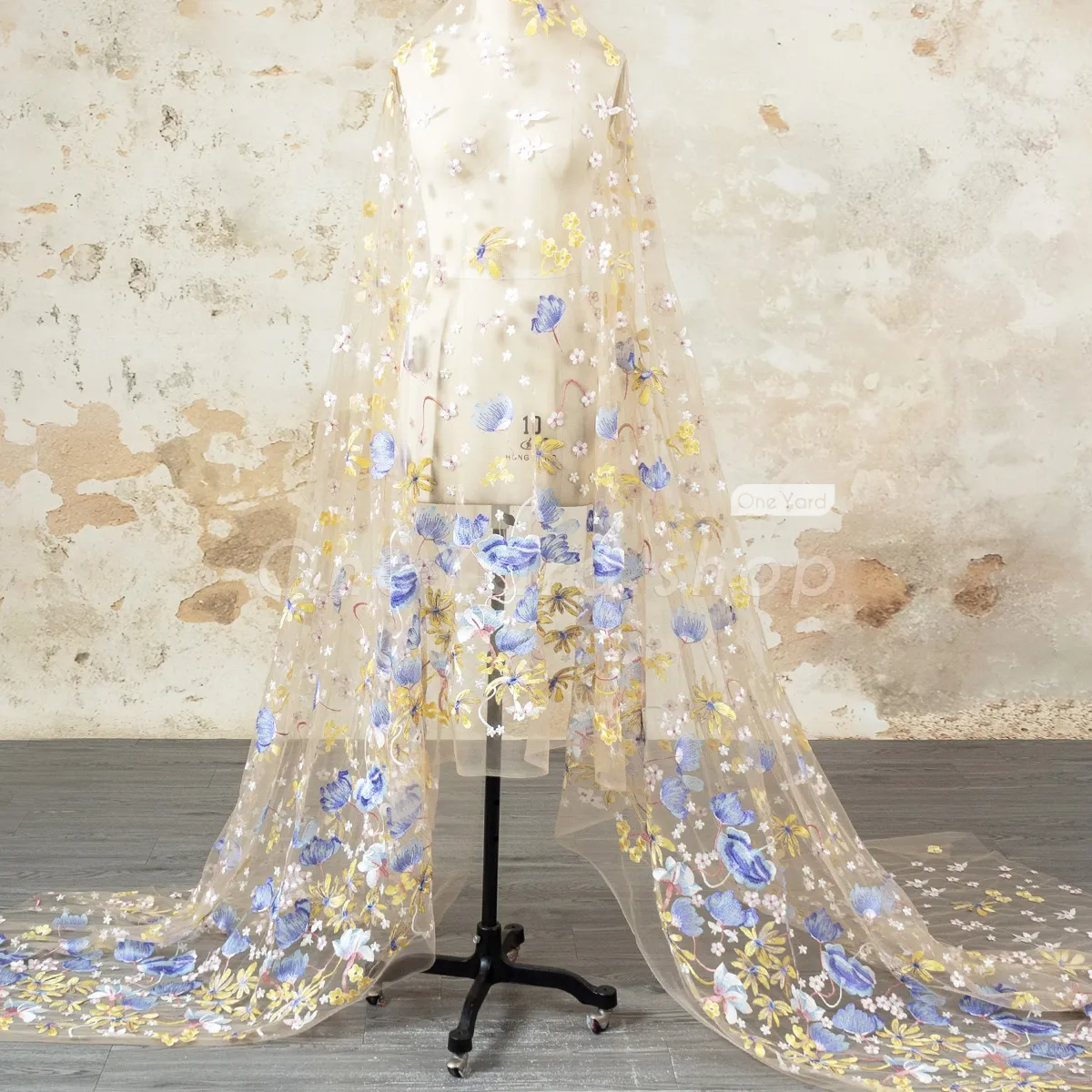 vintage inspired lavender lotus floral embroidery with beige tulle mesh