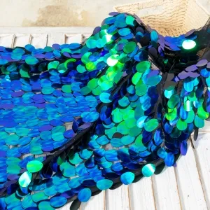 iridescent blue and green ellipse scale sequin fabric