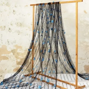 black tulle embroidery fabric with blue 3D butterflies