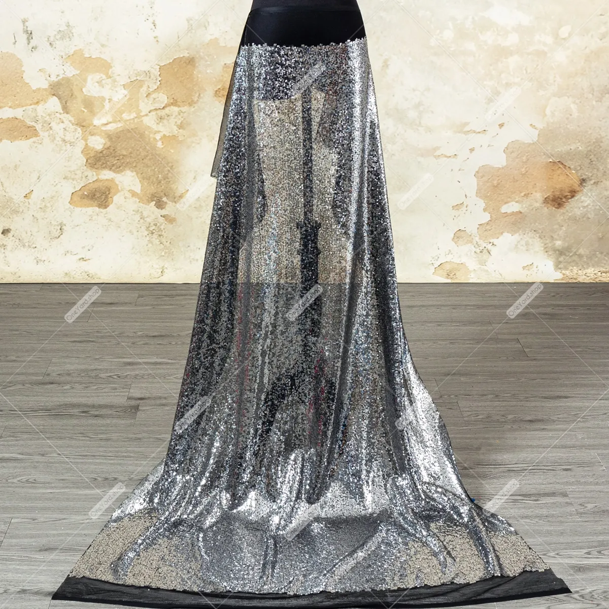 stunning 3mm silver sequin with black mesh backing fabric stunning 3mm silver sequin with black mesh backing fabric