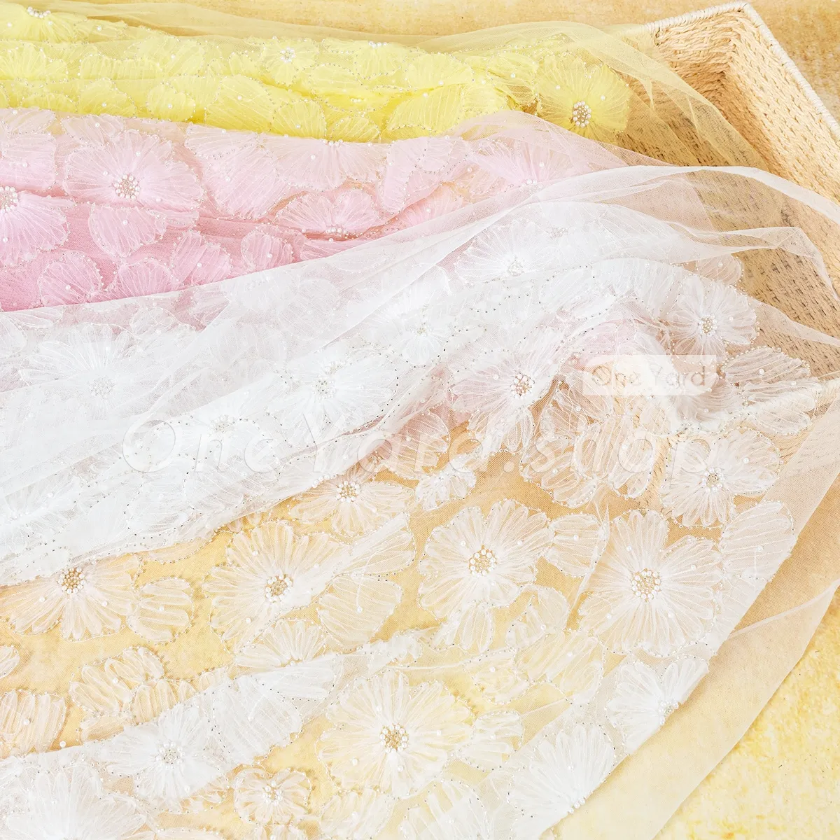 beautiful mesh embroidery fabric featuring a beaded flower pattern