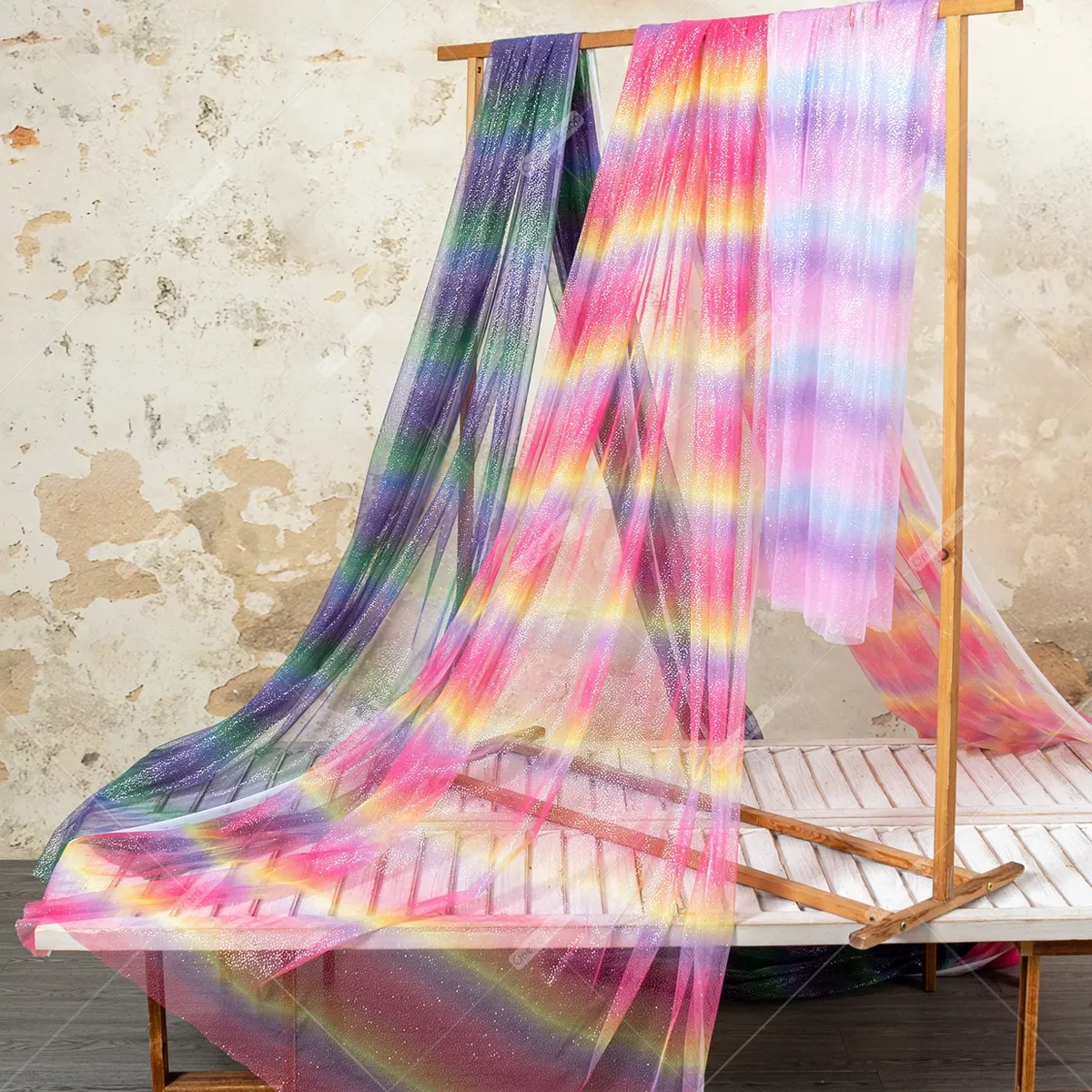 rainbow ombre flowing tulle with glitter sparkles