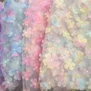 whimsical rainbow ombre 3d flower embroidery fabric