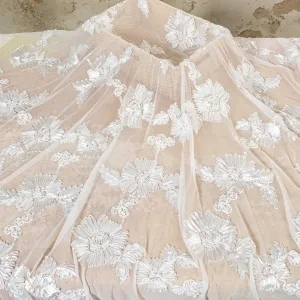 white 3D hibiscus flower embroidery stretch lace fabric