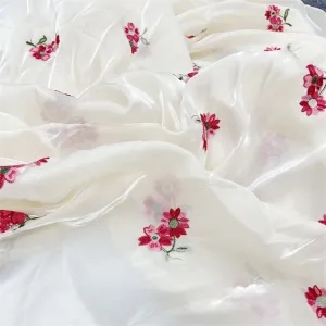 red floral motif embroidery ivory pink organza fabric