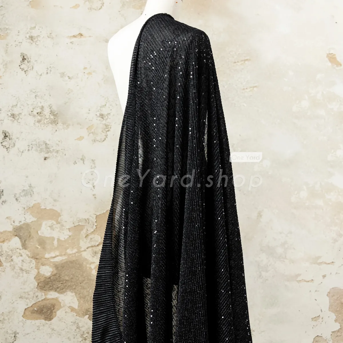 pleated sequinned black lurex knit fabric for evening wear pleated sequinned black lurex knit fabric for evening wear