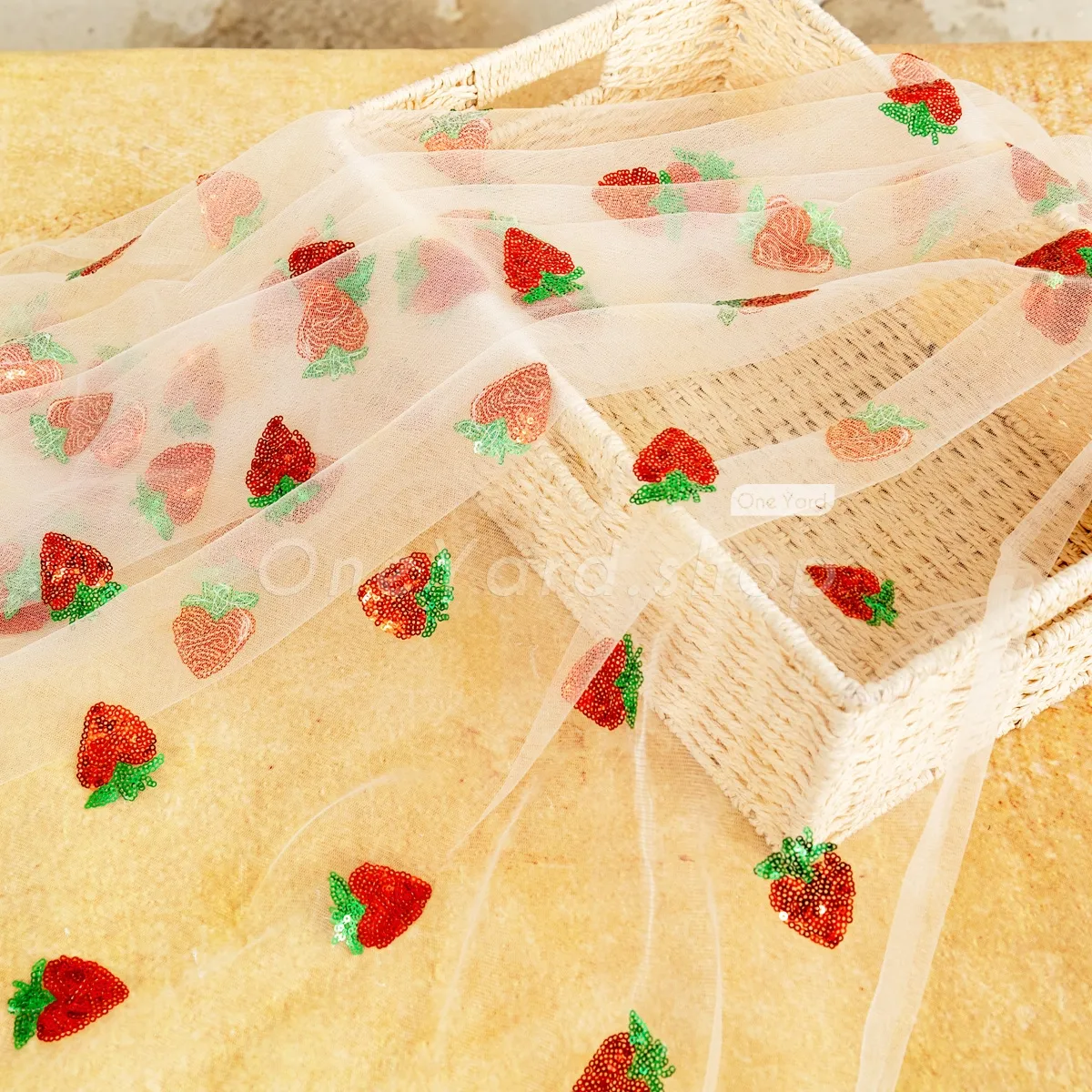 red strawberry sequinned off white tulle red strawberry sequinned off white tulle