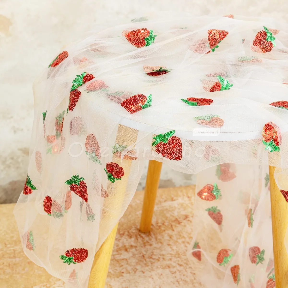 red strawberry sequinned white mesh fabric red strawberry sequinned white mesh fabric