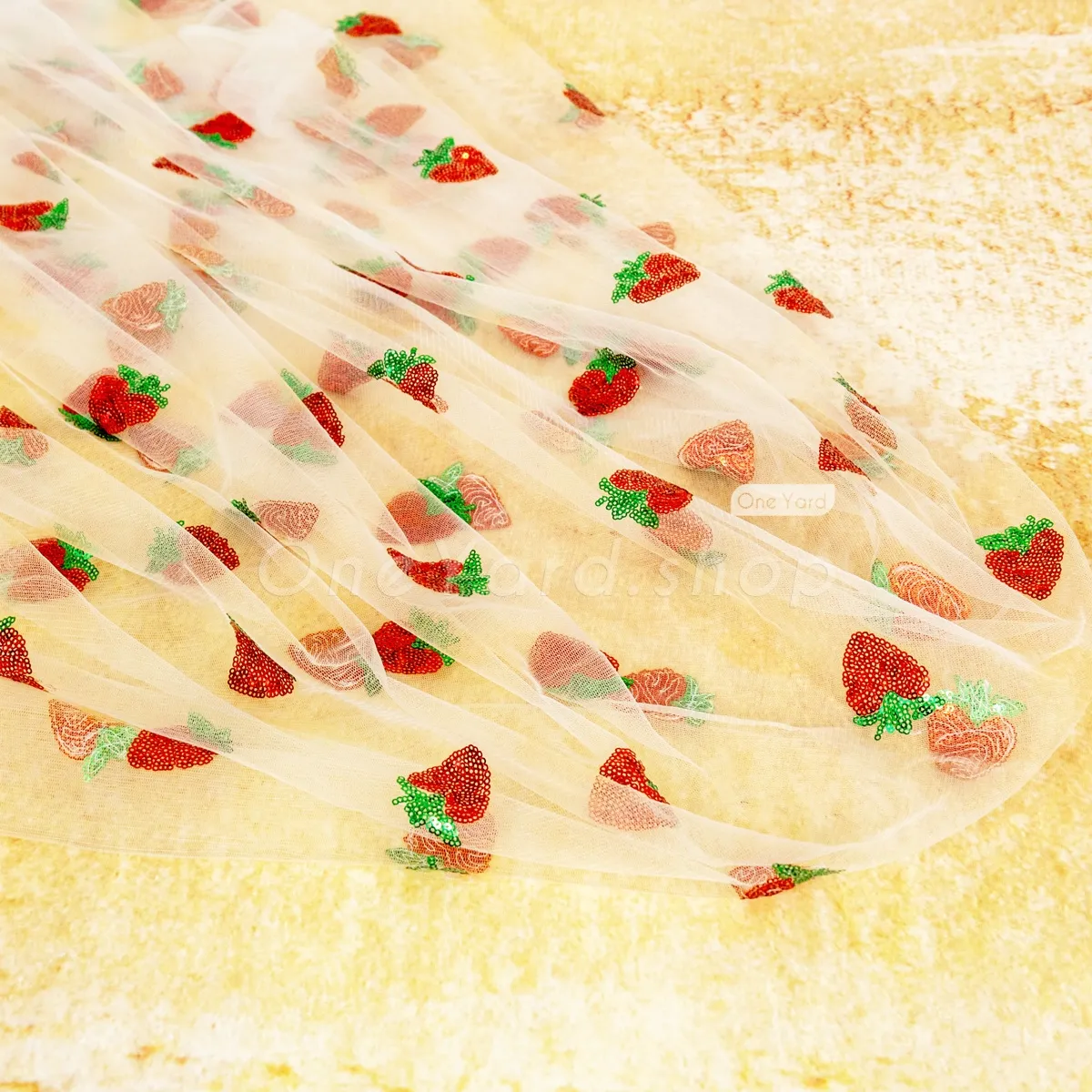 whimsical and playful off white tulle sequinned with red strawberries whimsical and playful off white tulle sequinned with red strawberries