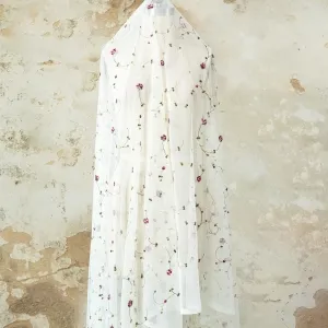 Cream Soft Tulle Embroidered with Small Plum Flowers