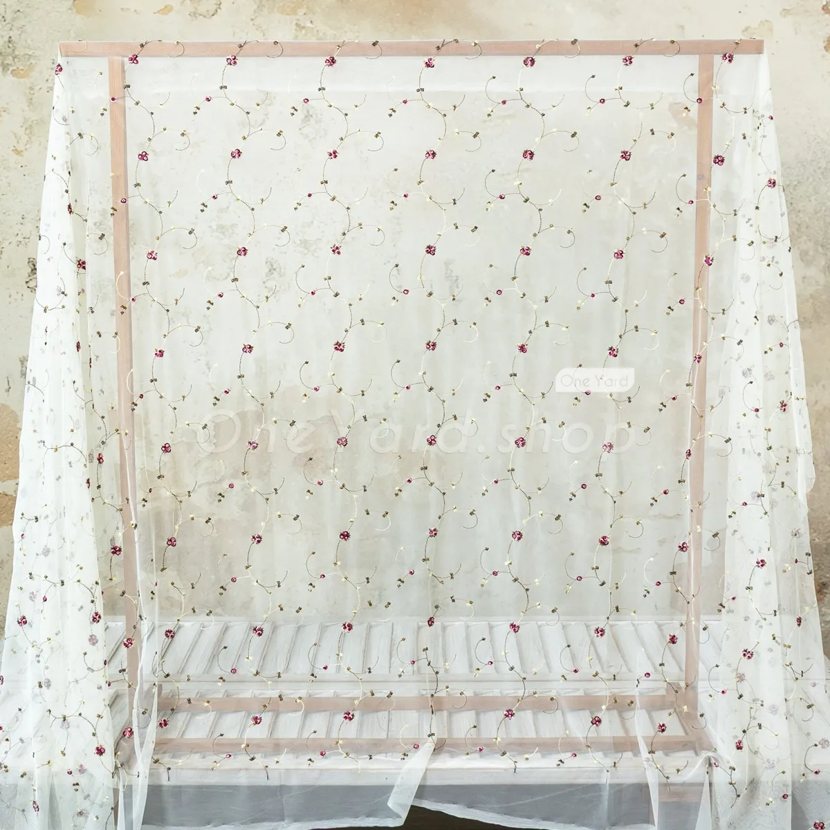 cream tulle embroidered with plum flowers cream tulle embroidered with plum flowers