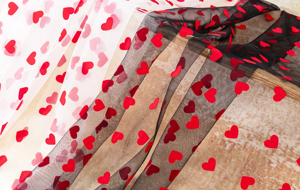 large red heart flocked tulle mesh fabrics