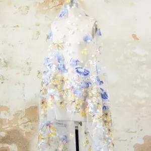 whimsical lavender yellow floral embroidery fabric