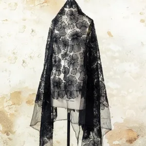 dramatic black beaded pearled flower tulle lace