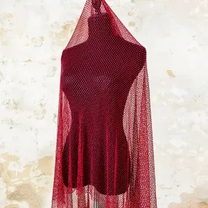 stunning claret rhinestone beaded stretch net fabric
