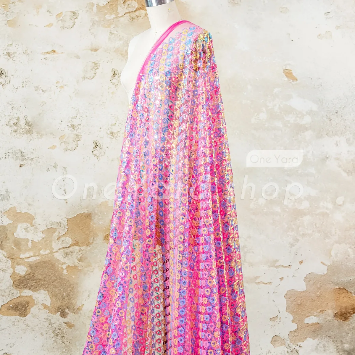 multi color geometric heart shaped sequins fuchsia mesh multi color geometric heart shaped sequins fuchsia mesh