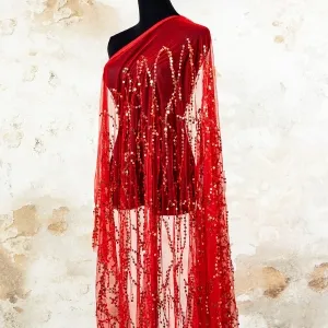 eye catching red and gold fringe effect sequin fabric