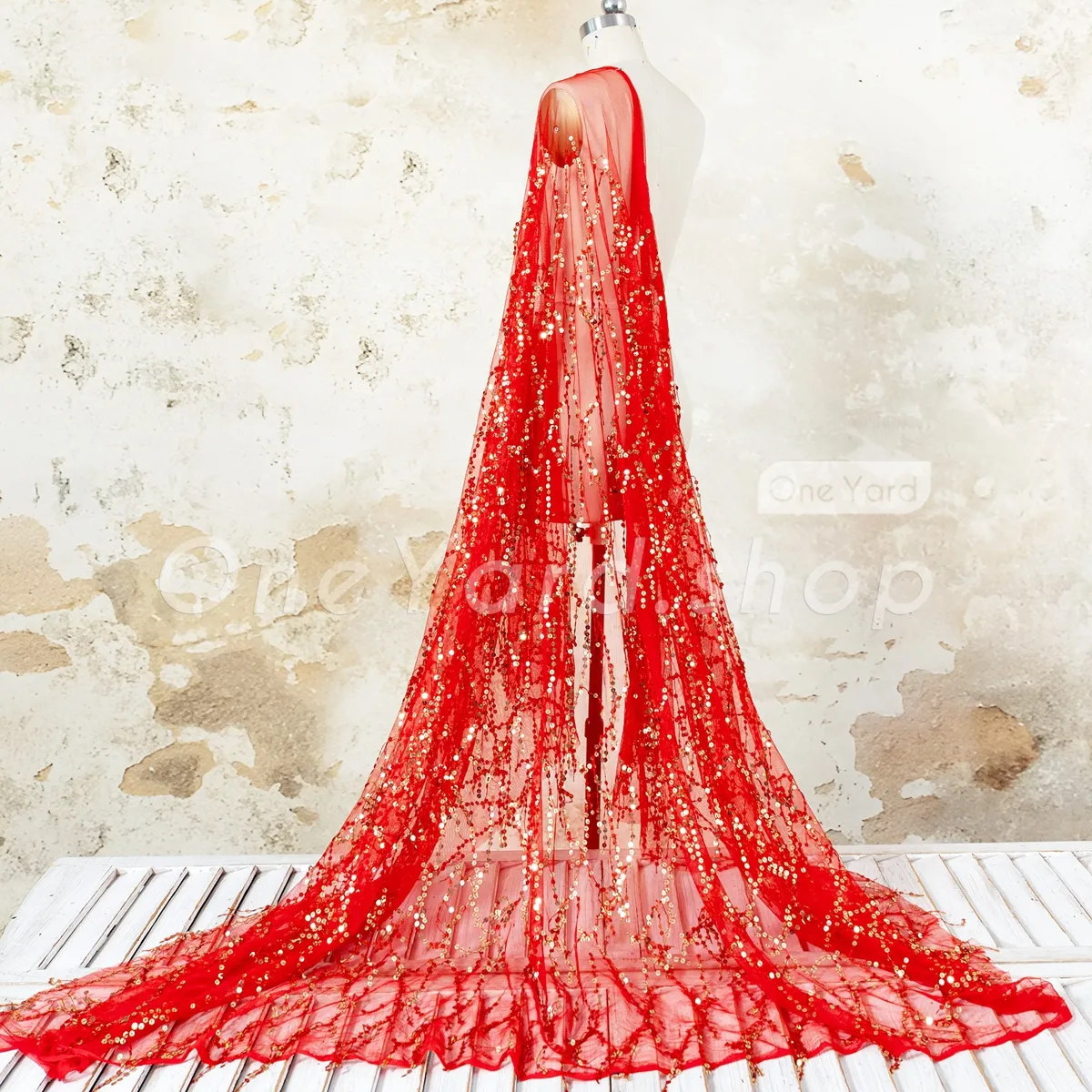 high contrast red mesh with gold sequin fringed fabric high contrast red mesh with gold sequin fringed fabric