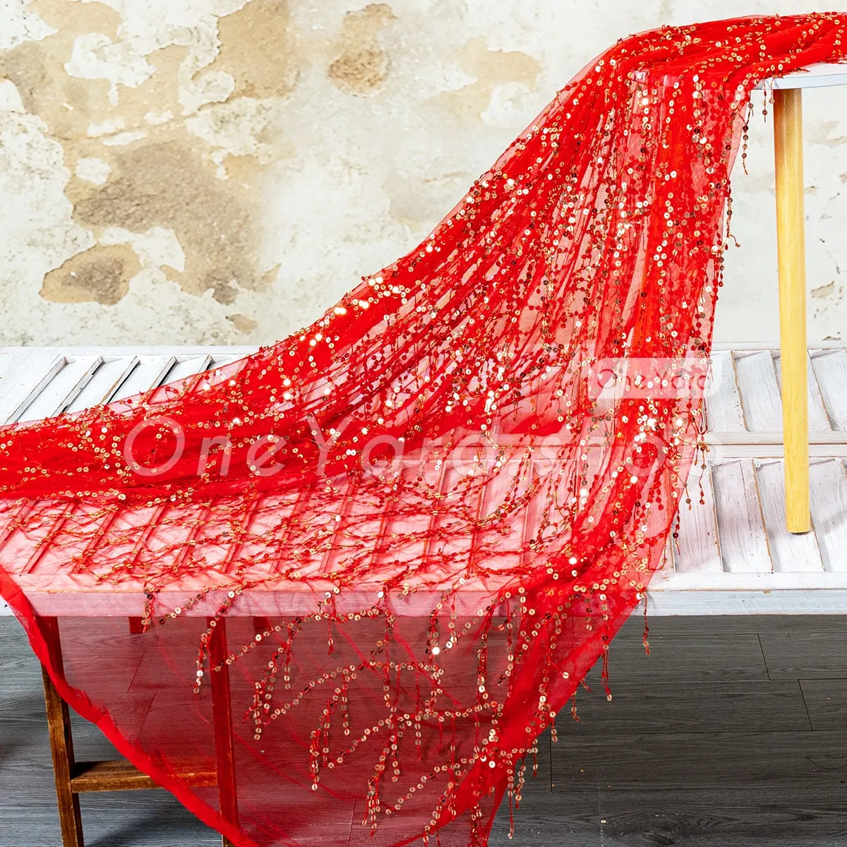 lightweight red tulle with fringed gold sequin fabric lightweight red tulle with fringed gold sequin fabric